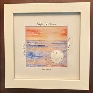 Framed Beach Sand Dollar Art “Happiness comes in waves” 7”x7”